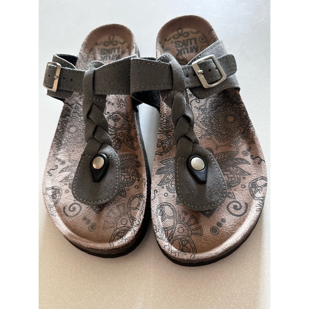Muk Luks Womens Marsha Terra Turf T-Strap Sandals Dark Grey Leather 9 Comfort